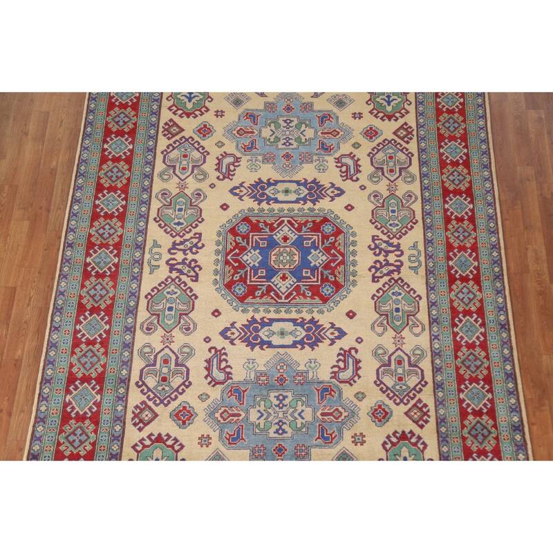 Hand Knotted Oriental 100% Wool Carpet Traditional Geometric Peach Kazak Area Rug - 9' 9'' X 6' 8''