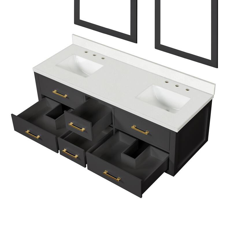 Castor 60 in W x 22 in D Black Double Bath Vanity, Cultured Marble Top, and 28 in Mirrors