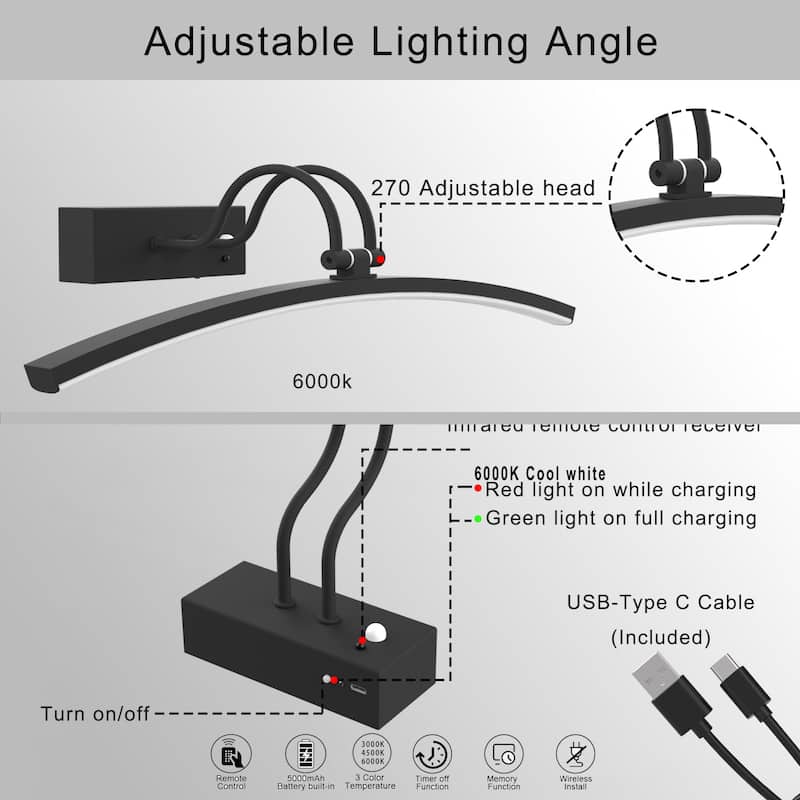 Modern 16'' Wireless Battery Operated Dimmable Picture Light with Remote Control and Adjustable Arm