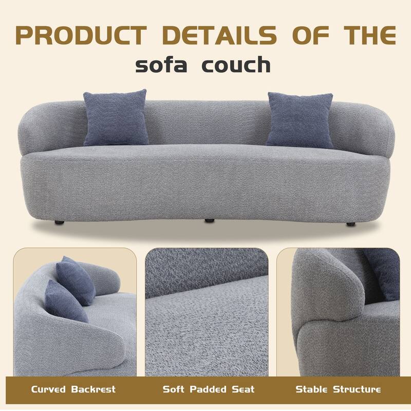 Minimalist Curved Sofa with Pillows - Soft Corduroy or Cozy Polar Fleece Upholstery