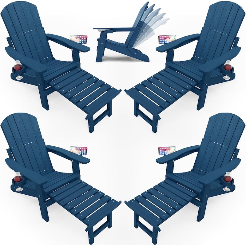 WINSOON All Weather HIPS Folding Adirondack Chair with Ottoman, 5-Gear Adjustable Backrest and Retractable Ottoman Set of 4 - Navy x4