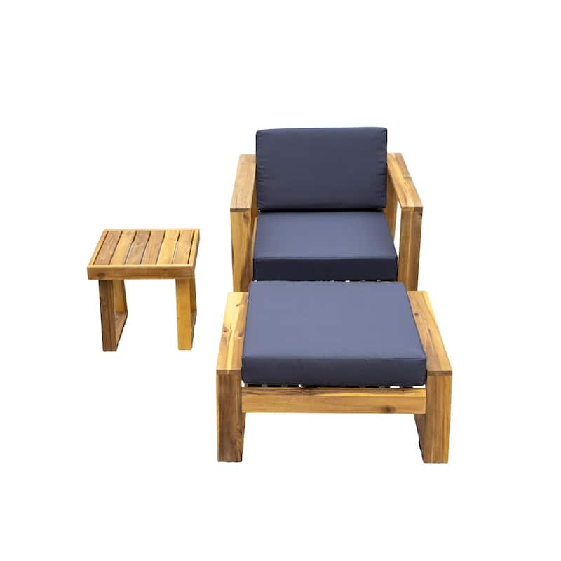 3-Piece Outdoor Acacia Wood Lounge Set with Chair, Ottoman, and Side Table