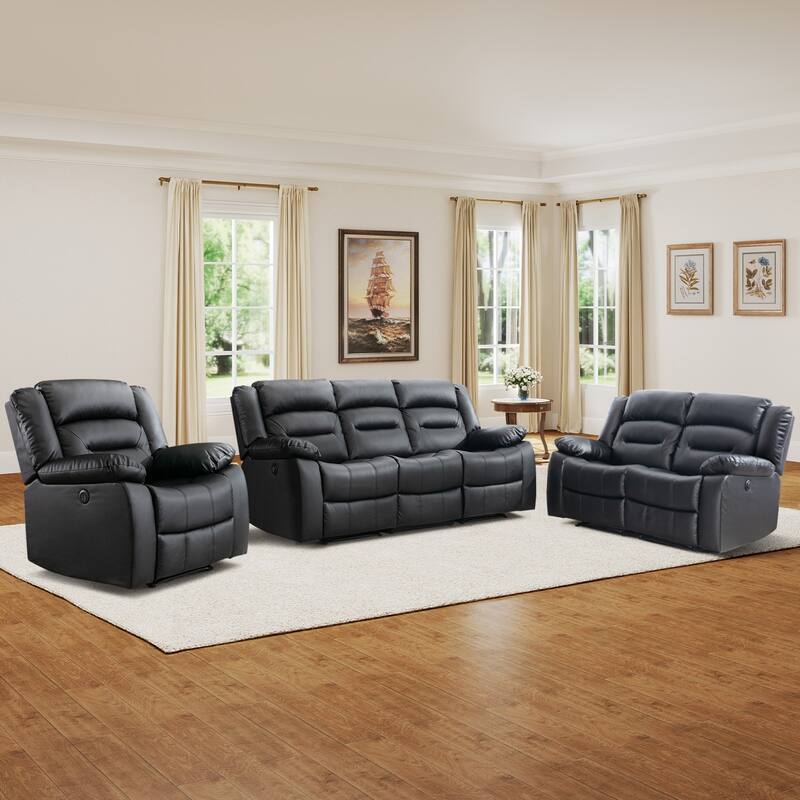 Faux Leather Power Loveseat Recliner, Electric Reclining Sofa with Overstuffed Armrests, 2-Seater Couch for Living Room - Black 1+2+3set