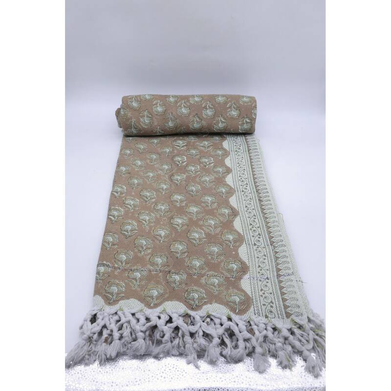 Fabdivine Rohini Handwoven Cotton Throw Blanket - Floral Block Print Decorative Home Accent with Artisan Fringe, 90" x 54"