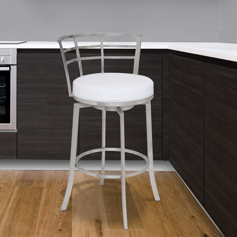 Armen Living Viper Faux Leather and Stainless Steel Swivel Counter Stool - White