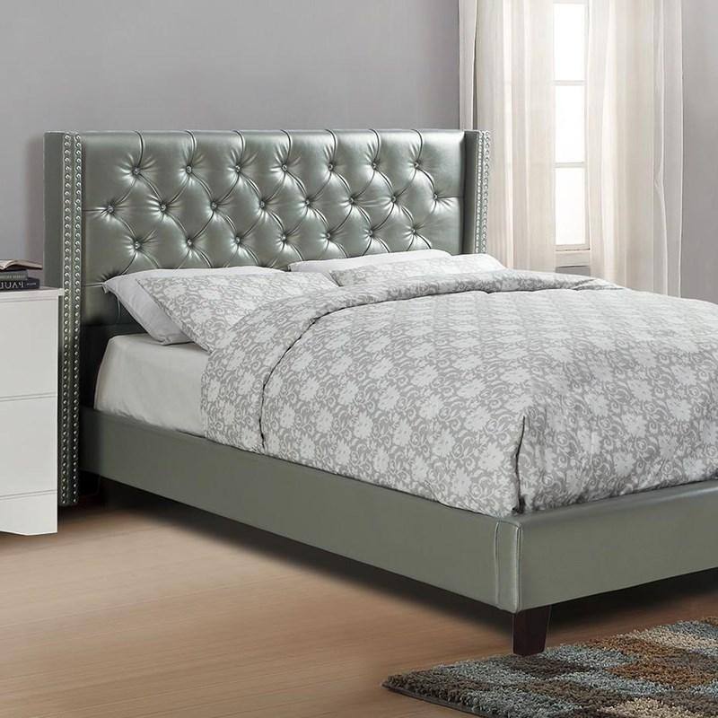 Full Size Silver Faux Leather Upholstered Tufted Bed Frame