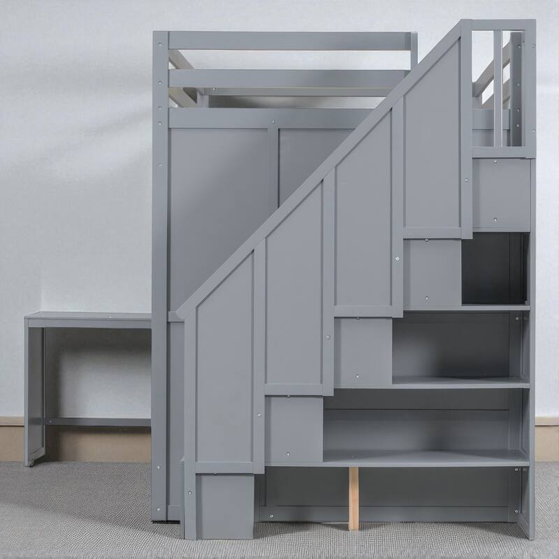 Full Size Loft Bed with Wardrobe, Desk, Shelves, and Foldable Doors for Extra Storage
