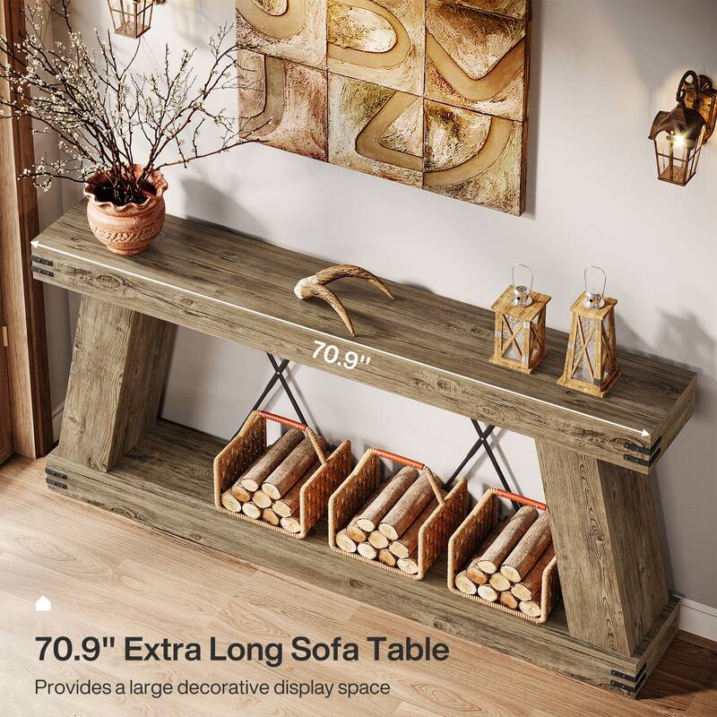 70.9” Farmhouse Console Table, Brown Entryway Table with Storage - Large