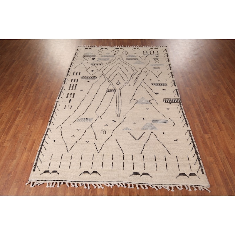Ivory Moroccan Area Rug Handmade Abstract Wool Carpet - 6'11"x 10'4"
