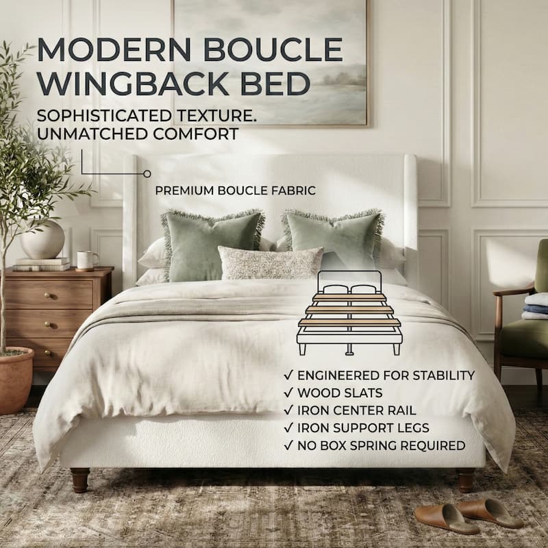 Christopher Knight Home - Modern 52.7" Tall Wingback Boucle Upholstered Platform Bed Frame with Solid Wood Legs & Slat Support