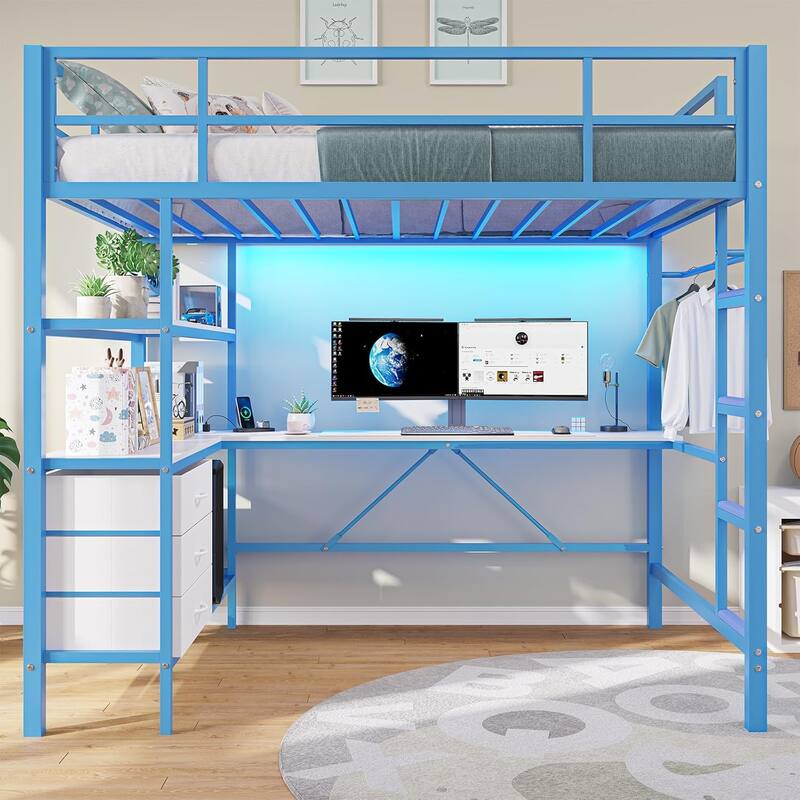 Loft Bed with L-Shaped Desk Charging Station Metal LED Lights 3 Fabric Drawers