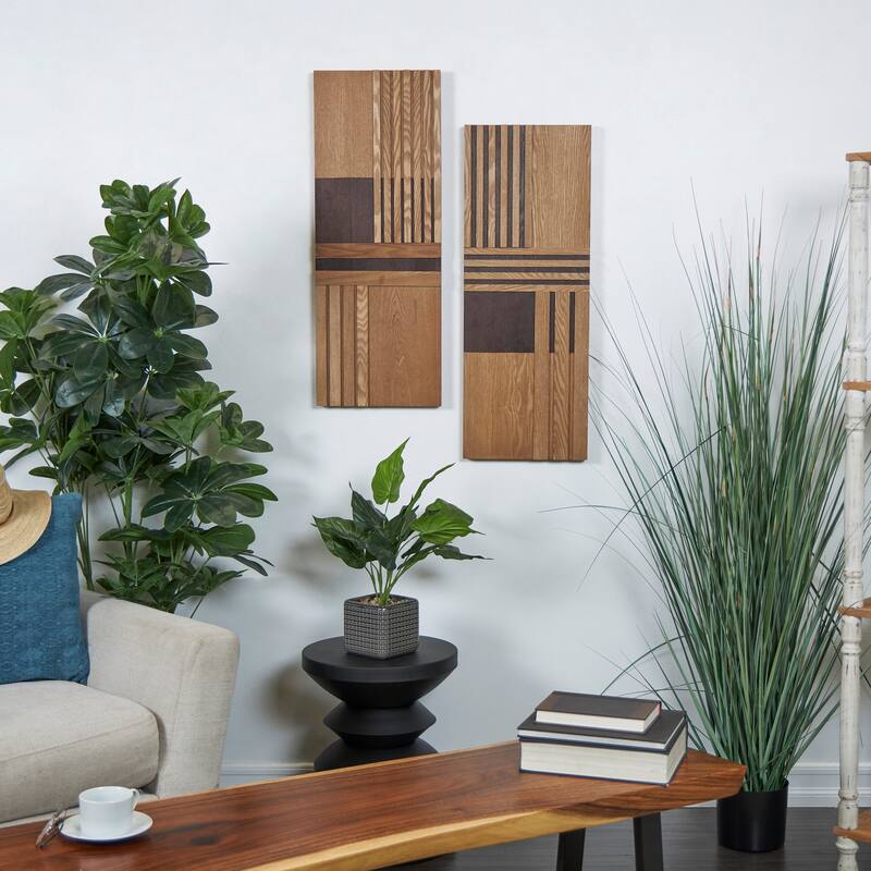Brown Wooden Handmade Carved Two-Toned Geometric Home Wall Decor (Set of 2)