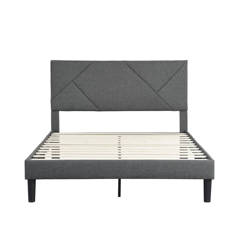 Grey Queen Size Upholstered Platform Bed with Slat Support