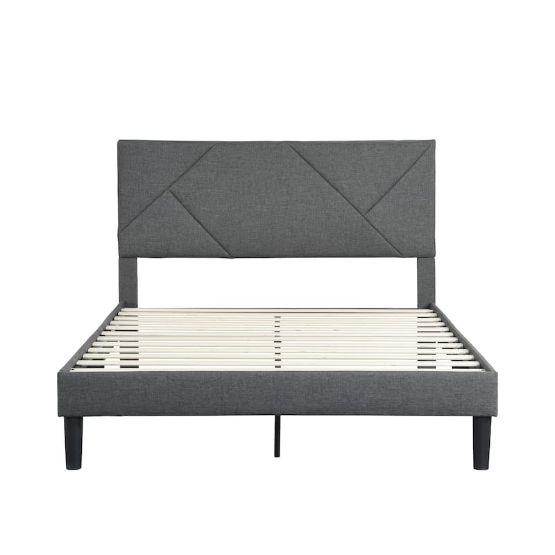 Queen Size Upholstered Platform Bed with Wood Slat Support