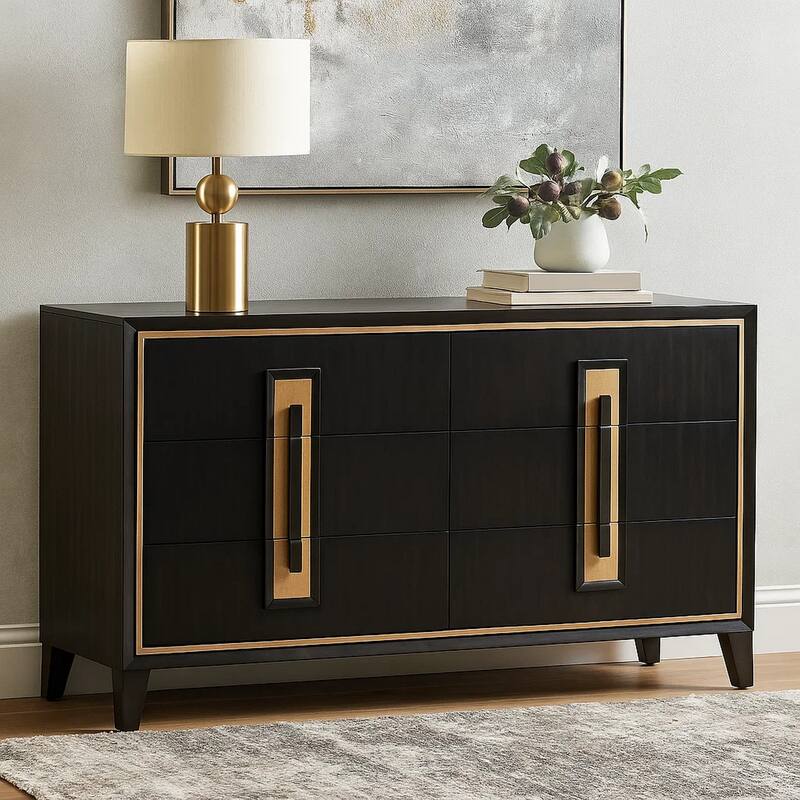 Yada Wide Dresser, 6 Drawers, Espresso Brown Solid Wood, Gold Metal