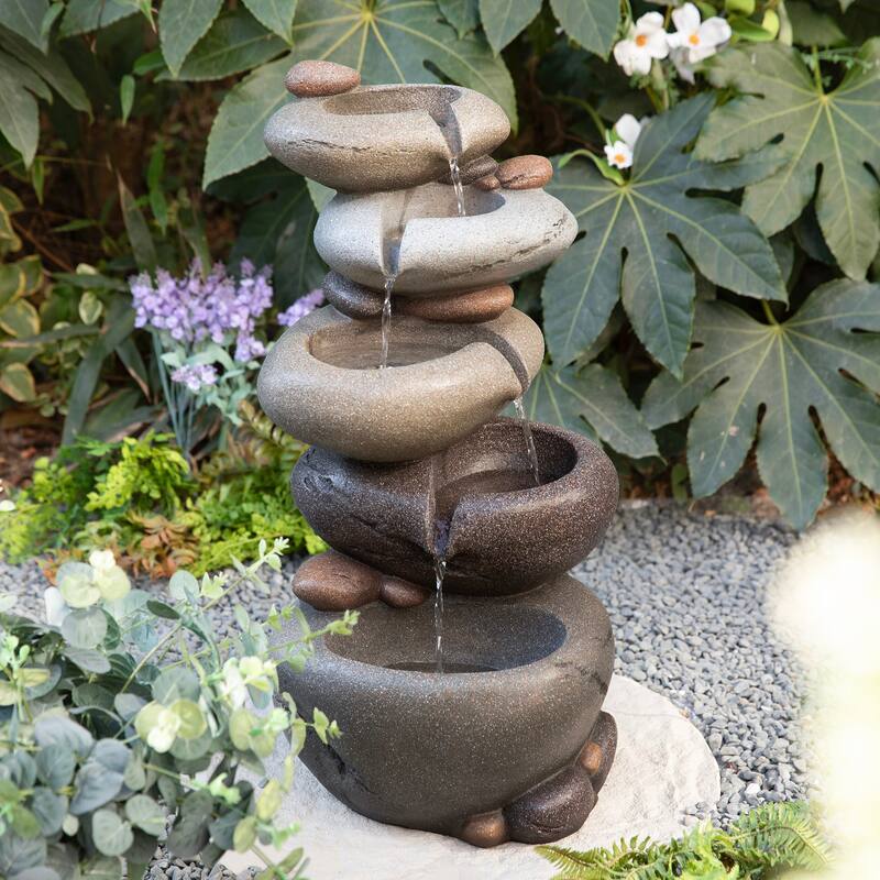 Glitzhome 24.5"H 5-Tiered Zen Style Stacked Pebbles Polyresin Outdoor Fountain with Pump and LED Light