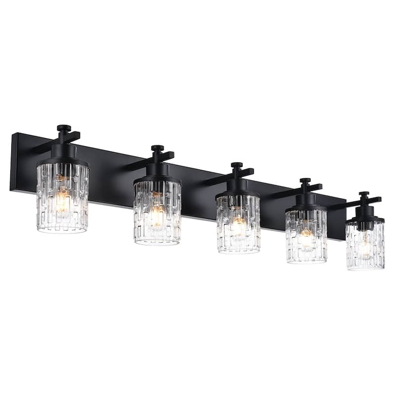 5 Light Bathroom Lighting, Modern Black Vanity Light Fixture Over Mirror, Industrial Fixture with Clear Grid Glass