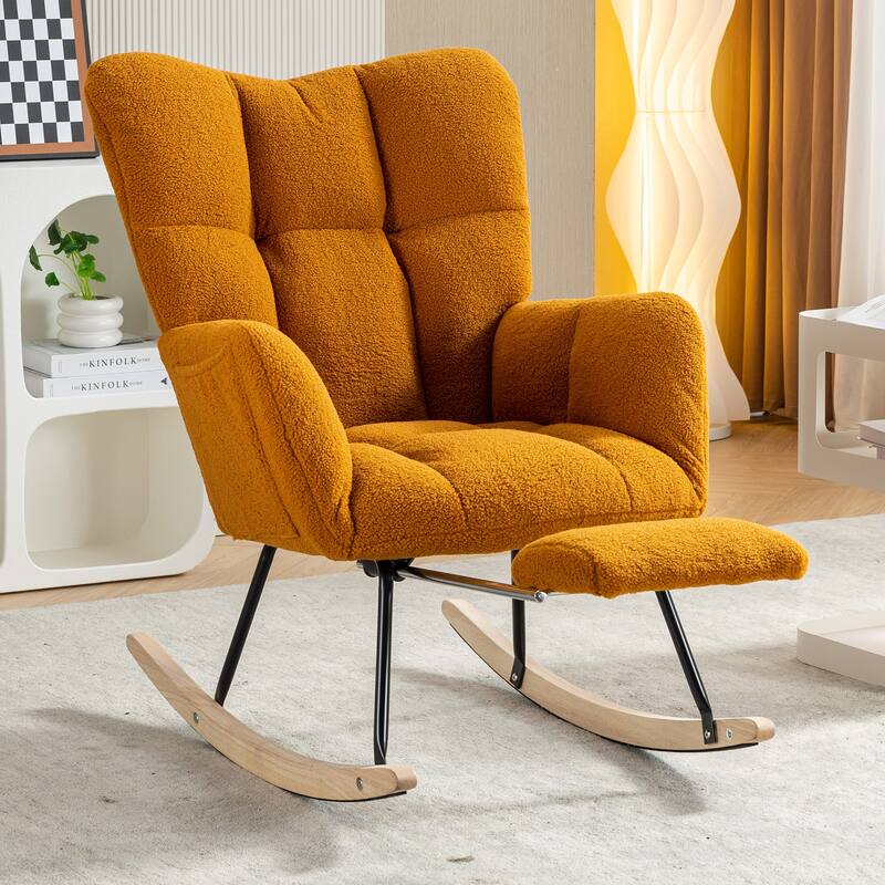 High Backrest Nursery Rocking Chair, Teddy Upholstered Glider Chair with Footrest, Recliner Chair with Solid Wood Legs - Caramel