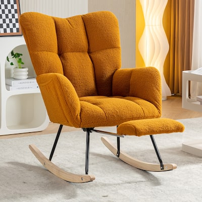 High Backrest Nursery Rocking Chair, Teddy Upholstered Glider Chair with Footrest, Recliner Chair with Solid Wood Legs