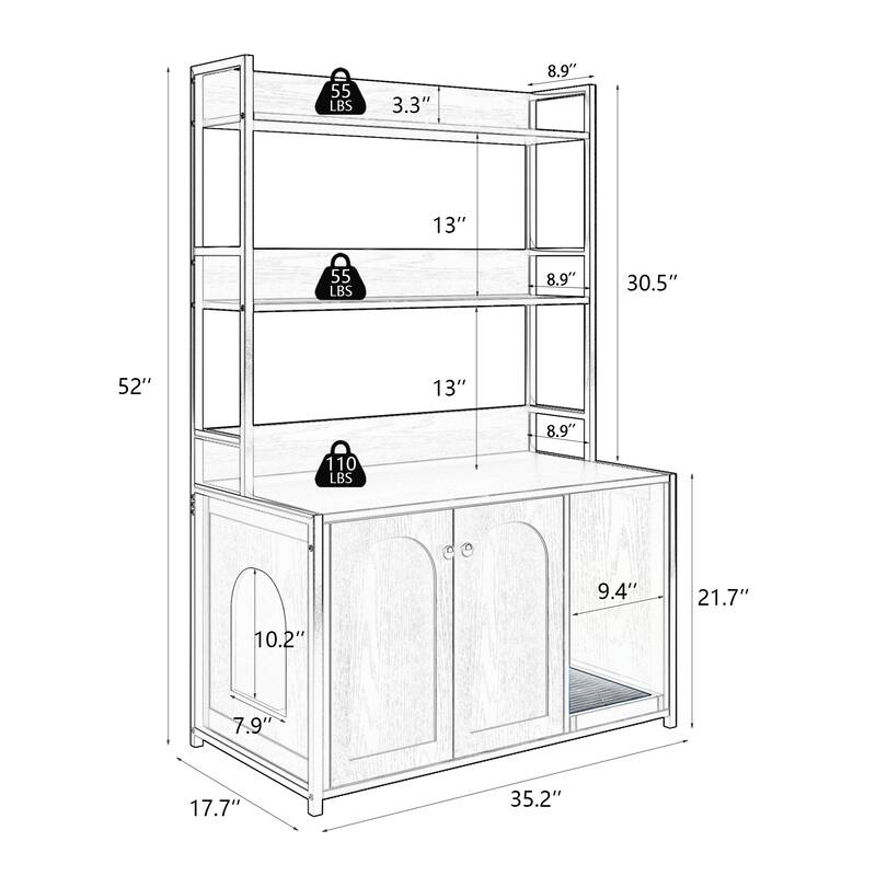 Multi-Functional Cat Litter Box Enclosure, Wooden Cat House with Scratch Pad and Shelf Storage