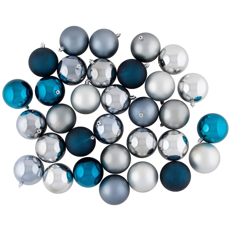 32ct Silver Blue Shatterproof 2-Finish Christmas Ball Ornaments 3.25"