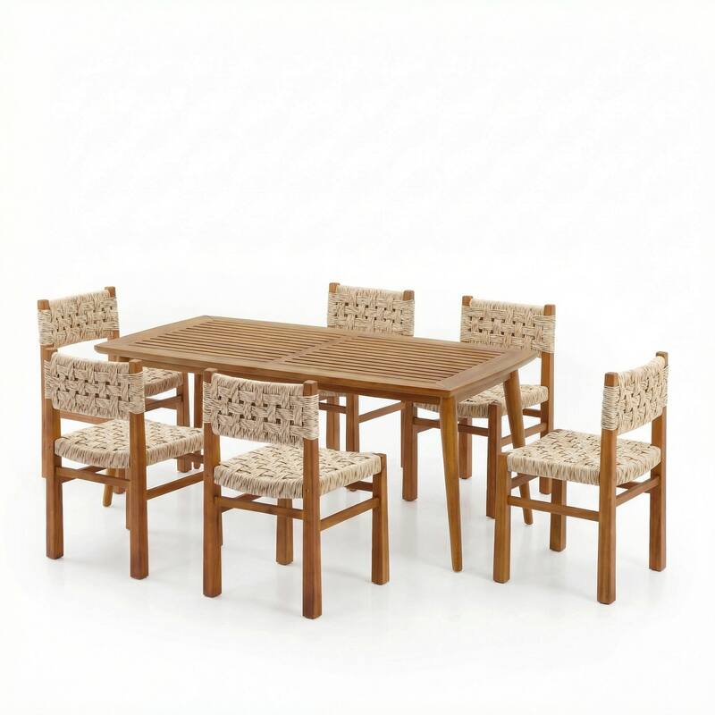 Christopher Knight Home - Mireo 7-Piece Outdoor Acacia Wood Dining Set with Woven Wicker Chairs & 71" Rectangular Slat Table