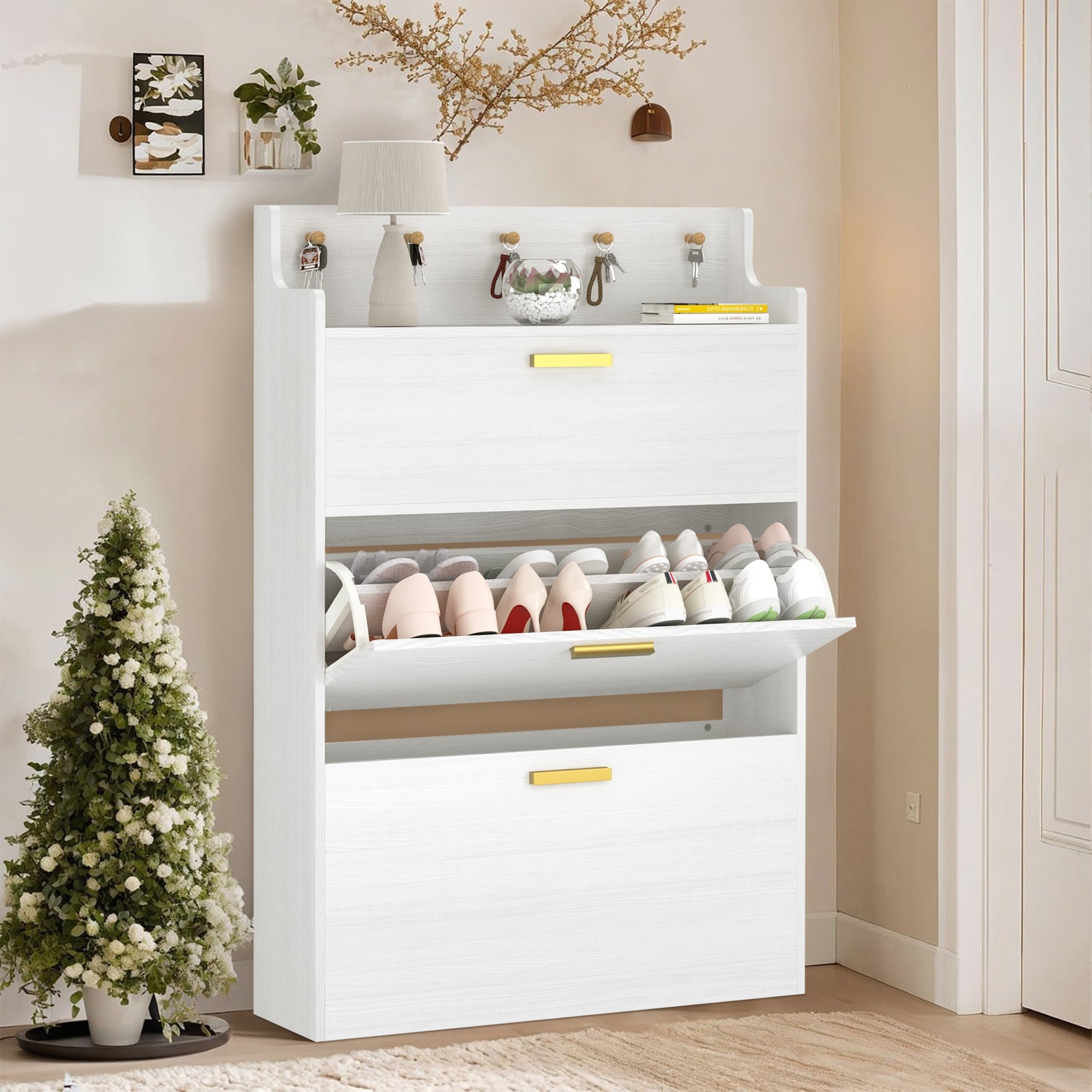 Javlergo Shoe Cabinet with 3 Flip-Up Drawers Freestanding Shoe Organizer with Adjustable Shelf for Entryway Hallway Living Room