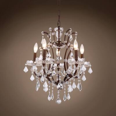 19th c. Rococo Chandelier 5 Light 18" in Rustic Iron Clear European Crystal - 22.00