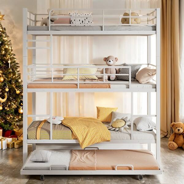 slide 2 of 22, Low Bunk Design Twin Size Trundle Bed with Guardrail and Ladder White