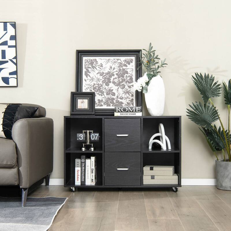 Gymax Rolling Wood File Cabinet w/ 2 Large Drawers & 4 Open
