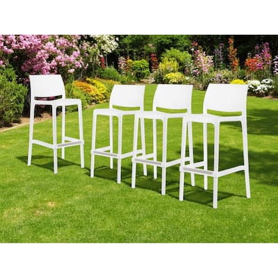 HomeRoots Set of Four 30" White Faux Rattan Heavy Duty Plastic Low Back Outdoor Bar Height Chairs