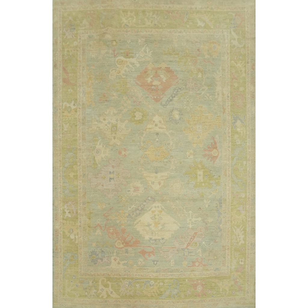Handmade Wool Oushak Turkish Area Rug, Floral Geometric Carpet - 12' 1'' X 9' 0''