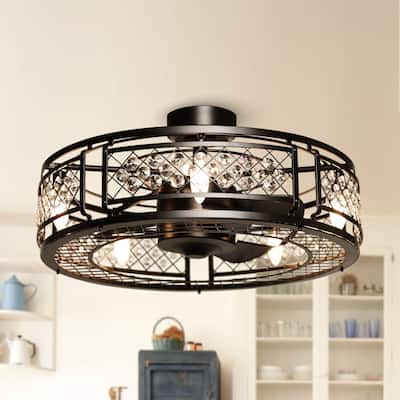 27-in Modern Black 3-Blade Crystal Bladeless Caged Ceiling Fan with Remote and Light Kit - 27-in W x 12.5-in H
