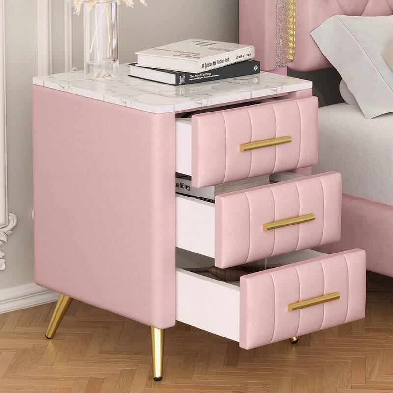 Stylish Design Upholstered Nightstand with 3 Drawers and Metal Legs & Handles - Pink