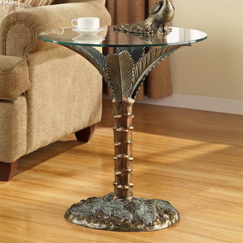 Cast Aluminum Palm Tree Glass Top End Table - 21 X 22 X 22 inches