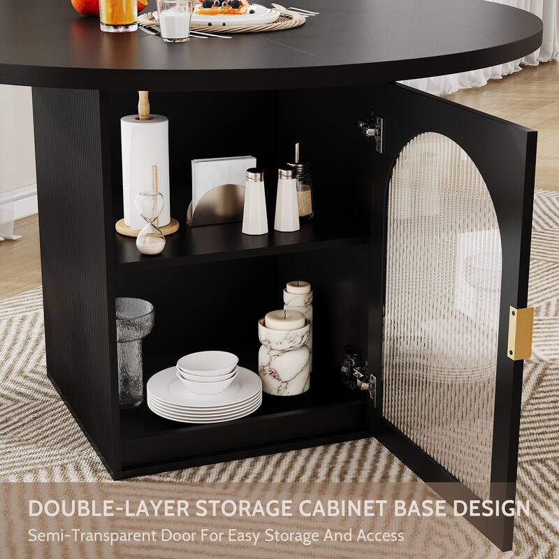 Round Dining Table with Built-In Storage Cabinet, Wood Kitchen Table for 4-6 People, Coffee Table with Ribbed Glass