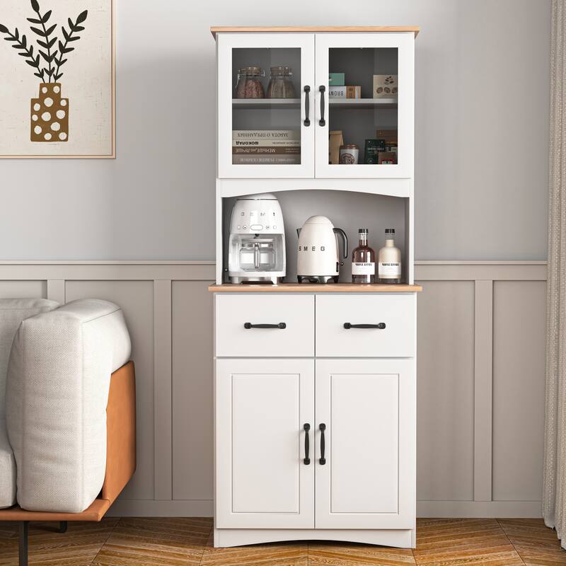 Anmytek White Wooden Kitchen Pantry Cabinet with Microwave Stand, Framed Glass Doors, Drawers & Storage Shelves
