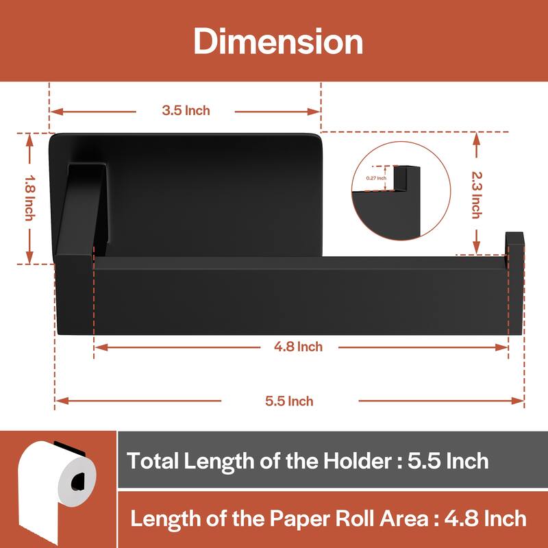 Self-Adhesive Stainless Steel Single Post Wall Mounted Toilet Paper Roll Holder, Matte Black - Matte Black