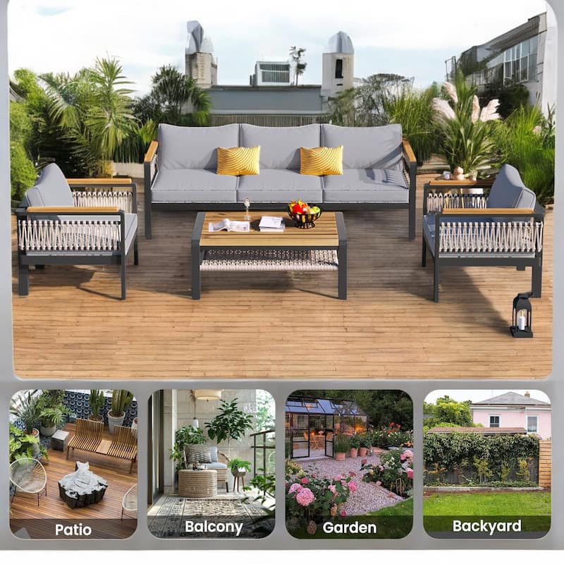 4-Piece Outdoor Sectional Sofa Set - Patio Furniture with Cushions and Woven Rope Detailing for Garden, Balcony, or Patio