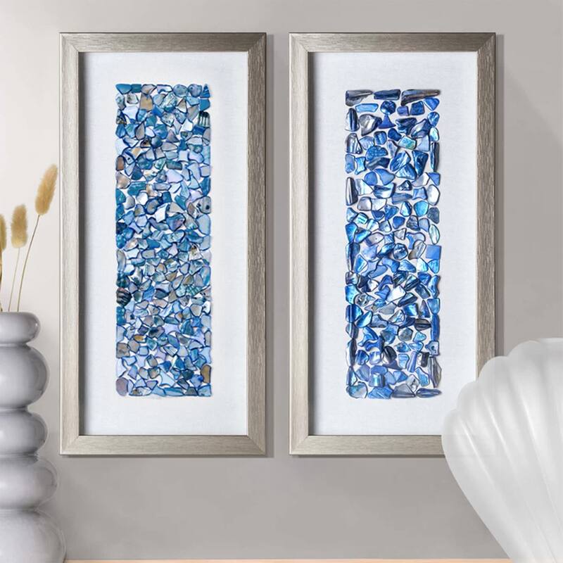 American Art Decor Blue Seashell Mosaic 3D Textured Wall Art, 2 Piece Set - Coastal Vertical Panels with Champagne Frame - Blue
