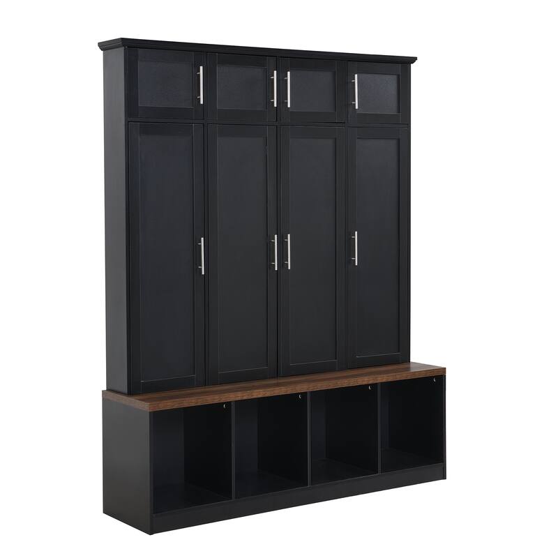 Versatile Hall Tree with 4 Hanging Hooks, Brown Wood Grain Bench with Multiple Storage Space