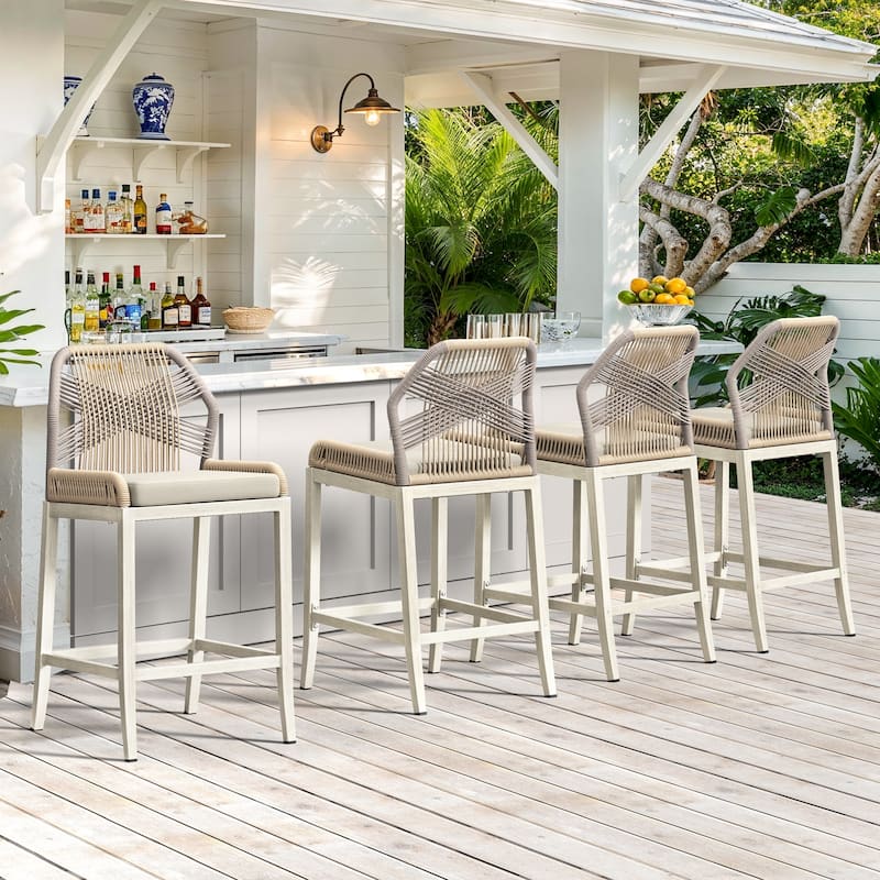 4 Set Modern Aluminum Twill Wicker Woven Outdoor Bar Stool Chair Set, Counter Height Stool with Back and Cushion - 40.6"H - Apricot-Cream