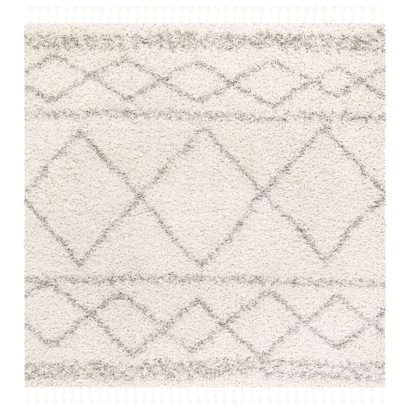 SAFAVIEH Pro Lux Shag Dottie Moroccan Tassel 2.4-inch Thick - 3' Square - Ivory/Light Grey - Runner/Square