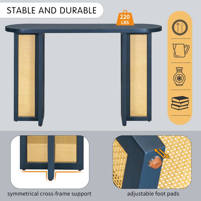 Acacia Veneer Rattan Console Table Narrow Hallway Tables with Oval Table Top, Entryway Table with Storage Drawers Navy Blue