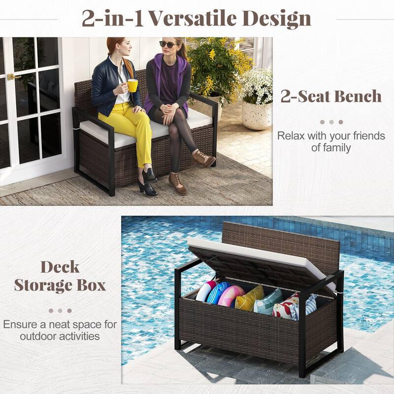 Patio Rattan Storage Bench with 40 Gallon Deck Box and Seat Cushion for Backyard or Garden - 24.5" x 46" x 33.5"
