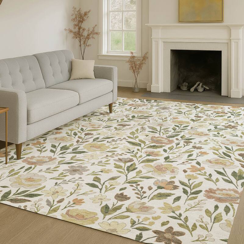 Machine Washable Indoor/ Outdoor Floral Garden Chantille Rug