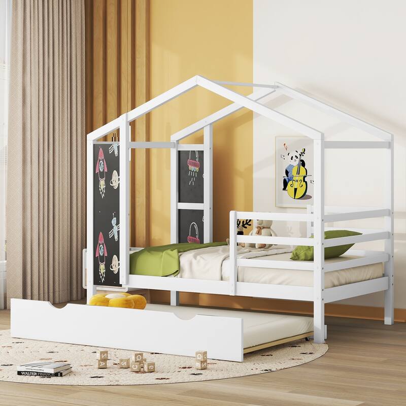 Wood House Bed with Fence and Writing Board