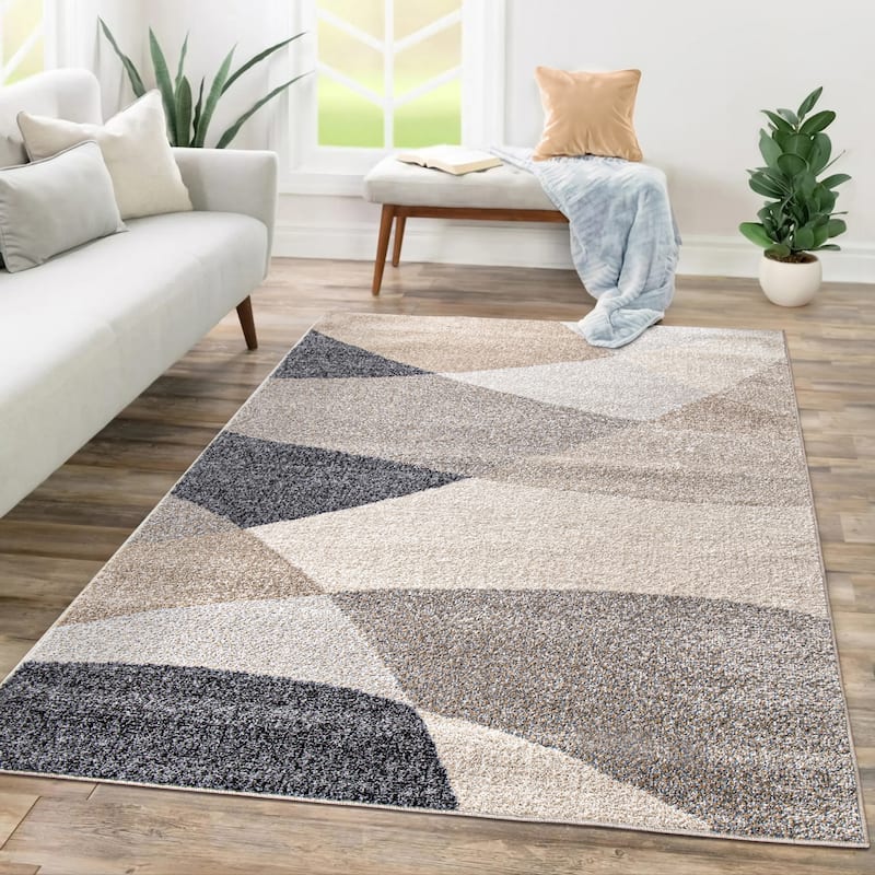 Modern Area Rug with Geometric Design in Beige Grey Cream