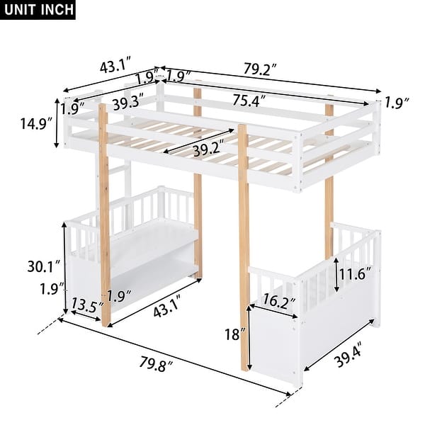 White Wood Twin Size Loft Bed with 2 Seats and A Ladder