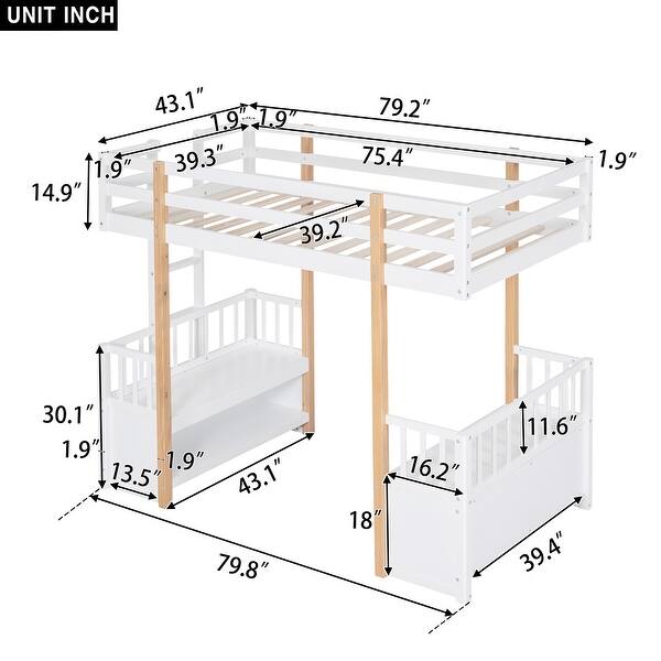 Wood Twin Size Loft Bed with 2 Seats and a Ladder, 4 Columns Decoration
